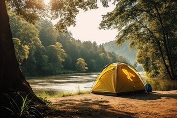 A yellow tent on river shore