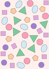 Colorful geometric shapes and pink background.