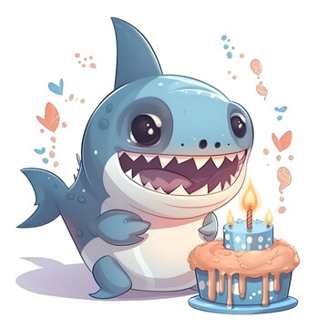 Cute cartoon baby shark with cake and candle. Vector illustration.