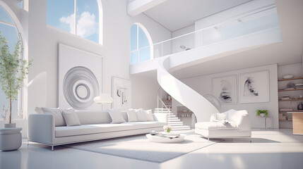 3d rendering of an empty living room with white furniture, modern interior design, mockup, concept