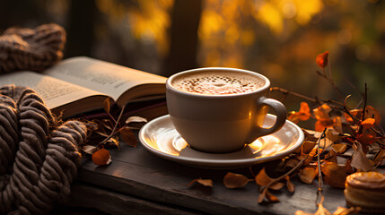 Naklejka na ściany i meble Cup of coffee and book on wooden table in autumn forest.
