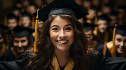 Obraz premium selective focus of happy graduate in cap and gown looking at camera