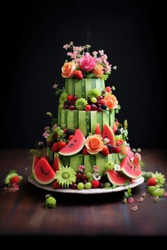 Birthday Cake From Watermelon And Berries On Dark Background. Generative AI