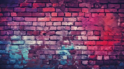 Magenta purple red old brick wall. Toned colorful grunge background created with Generative AI