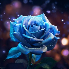 Beautiful blue rose with drops of dew on bokeh background close-up.Toned photo. Soft focus, shallow depth of field. - obrazy, fototapety, plakaty
