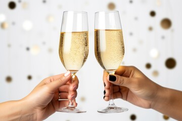 festive hand of woman with flutes of champagne on bokeh background