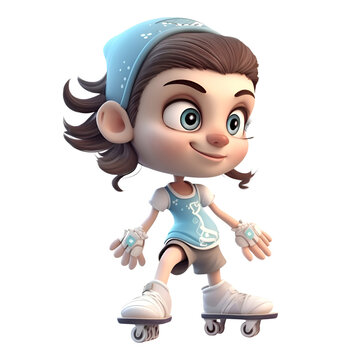 3d Render of Little Girl on Roller Skates with white background