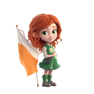 3d rendering of a little cartoon girl holding the flag of Ireland