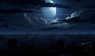 A dark city anime skyline with moon shining-Generative AI