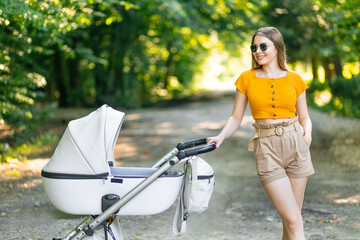 Fototapeta na wymiar Young woman with stroller walking in the park. Beautiful mother enjoying motherhood.