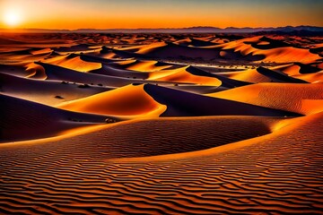 Fototapeta na wymiar A vast desert landscape, stretching as far as the eye can see. Sand dunes rise and fall like waves frozen in time, their golden hues illuminated by the setting sun.