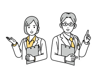 説明や話す、白衣を着た男女の医師