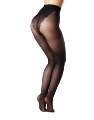 Legs of a woman in black capron tights on white background