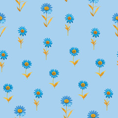 seamless pattern with minimalist daisy flower white blue background