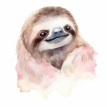 Sloth Watercolor, Sloth paint, Tropical animal, Cute sloth Watercolor boho tropical drawing clipping path isolated on white background.