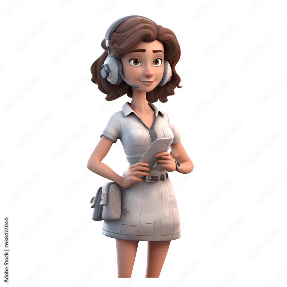 Sticker 3d render of a young woman with headphones and a laptop computer