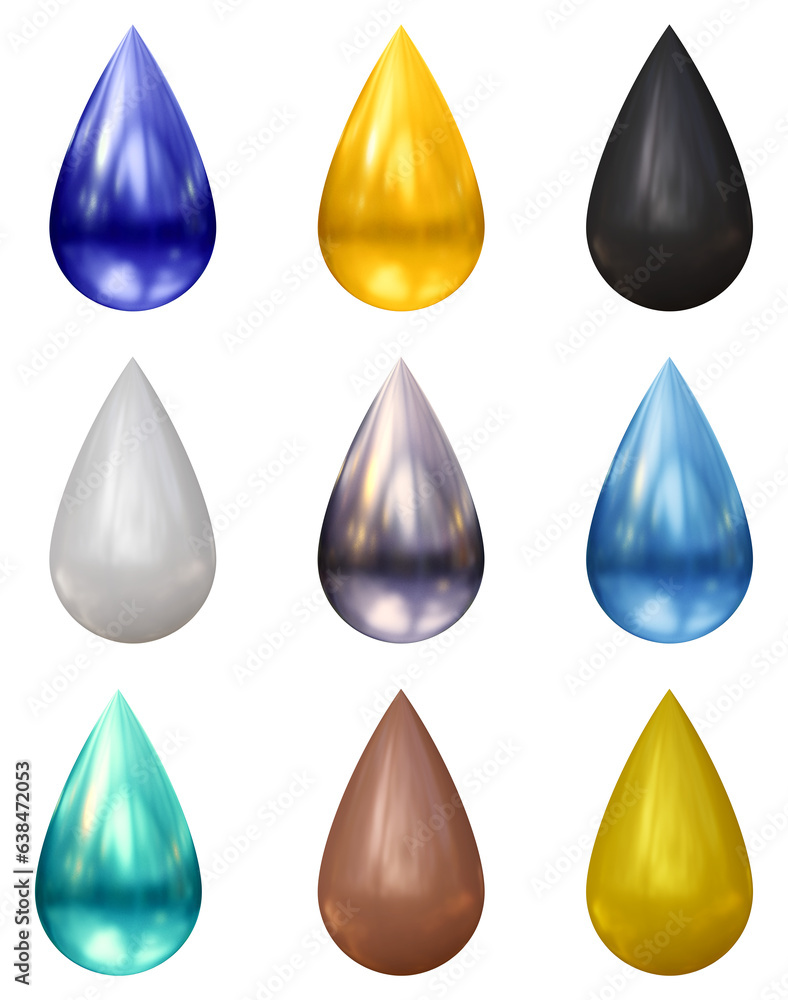 Poster set of drops for different liquids. realistic droplet icons in 3d rendering isolated on transparent 