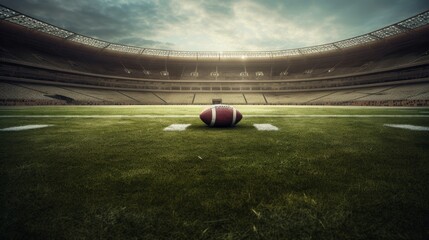 3D rendering of a rugby ball on the field in a stadium