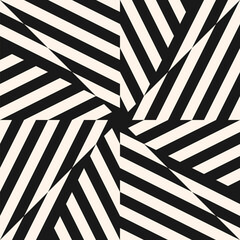 Vector geometric seamless pattern with stripes, broken lines, repeat tiles. Black and white creative psychedelic design. Monochrome optical art texture. Retro fashion background. Trendy geo pattern