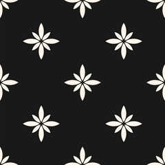 Simple vector floral seamless pattern. Abstract monochrome geometric ornamental texture with flower silhouettes. Black and white simple ornament in oriental style. Dark repeated background design