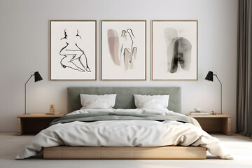 Comfortable modern bedroom with elegant headboard, minimalist poster and decoration. 