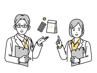 薬について説明する白衣を着た男女　医師、薬剤師