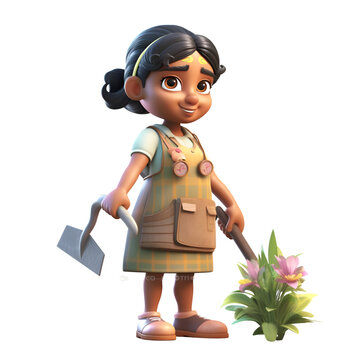 3D Render of a Little Girl with Shovel and Flowerpot
