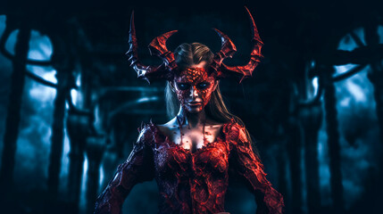 A bloody demoness. Scary zombie. Halloween monster. Ghost woman. Generative AI