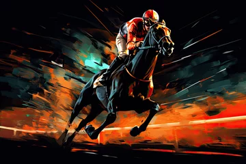 Rolgordijnen Horse racing at night. Digital illustration of thoroughbred and jockey - Generative AI © Nhan