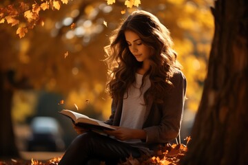 Woman reading a book under a tree with falling leaves - Autumn Solitude - AI Generated