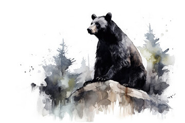 Watercolor black bear illustration on a white background. - obrazy, fototapety, plakaty