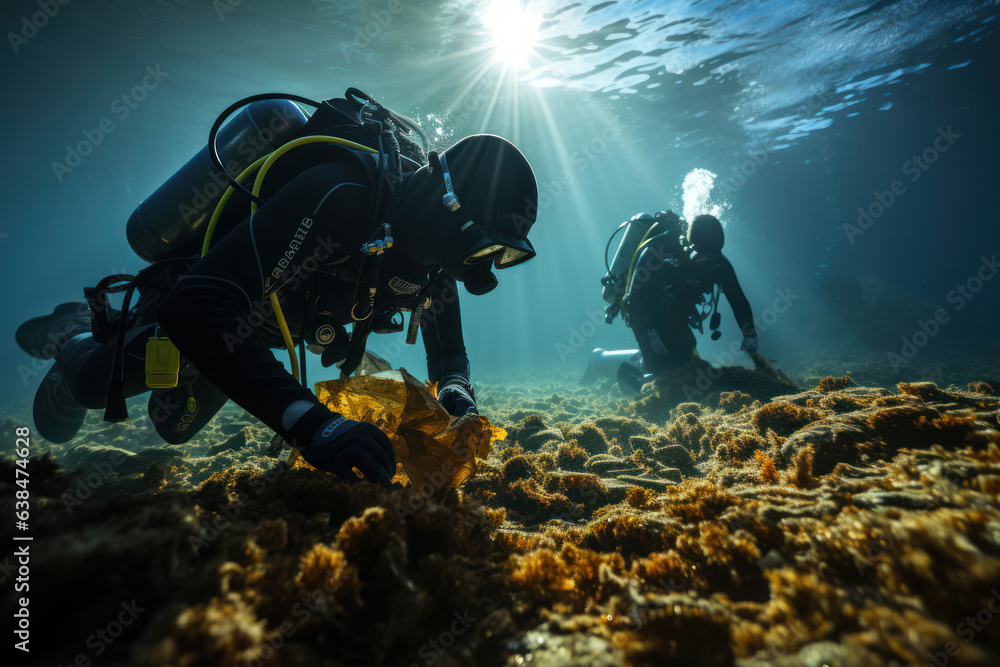 Wall mural coastal cleanup. divers removing debris from the ocean floor, symbolizing the protection of marine l