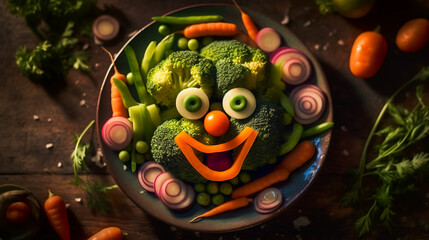 A plate of vegetables arranged to look like a funny face. AI Generated