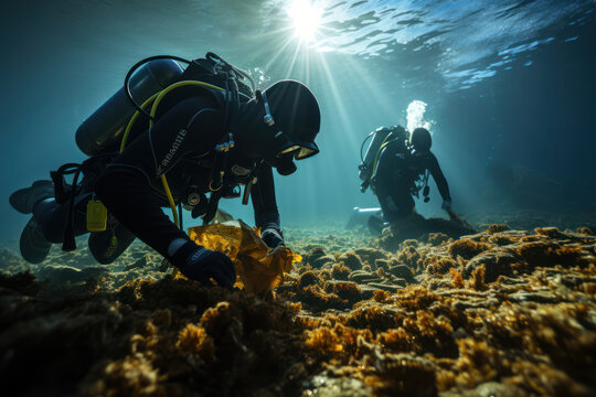 Coastal Cleanup. Divers removing debris from the ocean floor, symbolizing the protection of marine life for a sustainable climate. Generative Ai.
