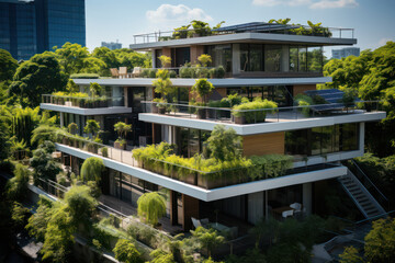 Green Building Innovations. Architectural design integrating vegetation on rooftops, showcasing sustainable construction practices for a climate-friendly future. Generative Ai.