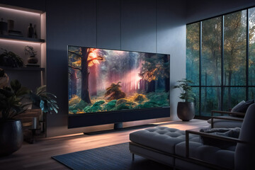 Big Screen TV Takes Center Stage in Modern Living Room. Generative AI