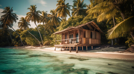 Bungalow in tropical beach.  Cozy wooden touristic cabin.  AI Generated
