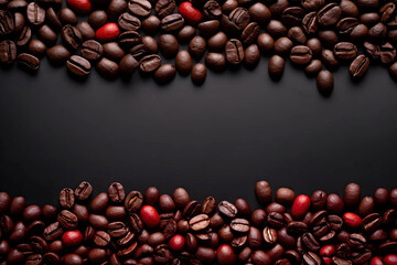Coffee beans on black background. Top view with copy space