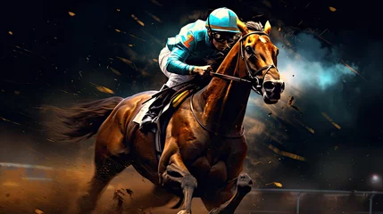 Poster Horse racing at night. Digital illustration of thoroughbred and jockey - Generative AI © Nhan