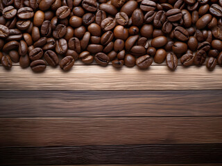 Coffee beans on wooden background. Top view with copy space