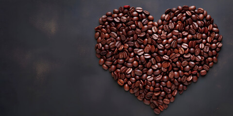 Heart-shaped coffee beans on dark blue surface with copy space