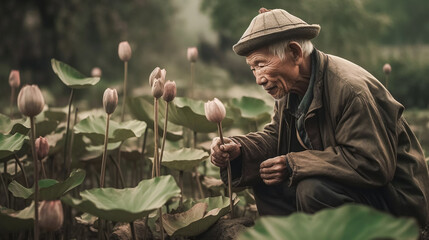 Chinese Man Selecting Lotus.AI Generated
