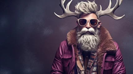 Fotobehang Humorous portrait of a weird person with reindeer antlers. Hipster man with white beard and mustache and glasses. Minimal concept of Christmas and New Year, winter season jokes and fun. Studio shot © Nata