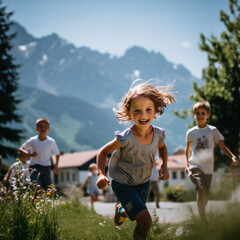 close up photography of kids playing in front of the school, summer 