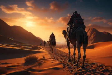 Foto auf Acrylglas Orange Desert Expeditions. Traveler riding a camel through the dunes, illustrating the thirst to go everywhere, even to deserts. Generative Ai.
