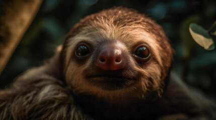 Fototapeta premium Curious Baby Sloth Peeking Out from Behind a Leaf. Generative AI