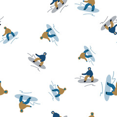 Snowboarders on the slope. Winter sports seamless pattern.