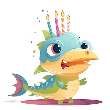 Cute dinosaur with birthday candle isolated on white background. Vector illustration.