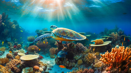 Obraz na płótnie Canvas Diving into a Vibrant World of Coral and Sea Creatures. Generative AI