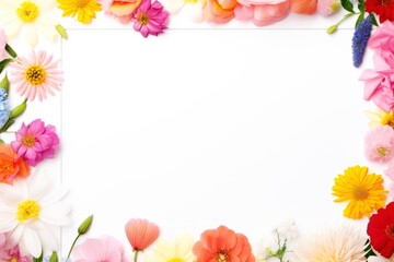 Obraz premium Floral border frame card template. multicolor flowers, leaves, for banner, wedding card. Springtime composition with copy-space